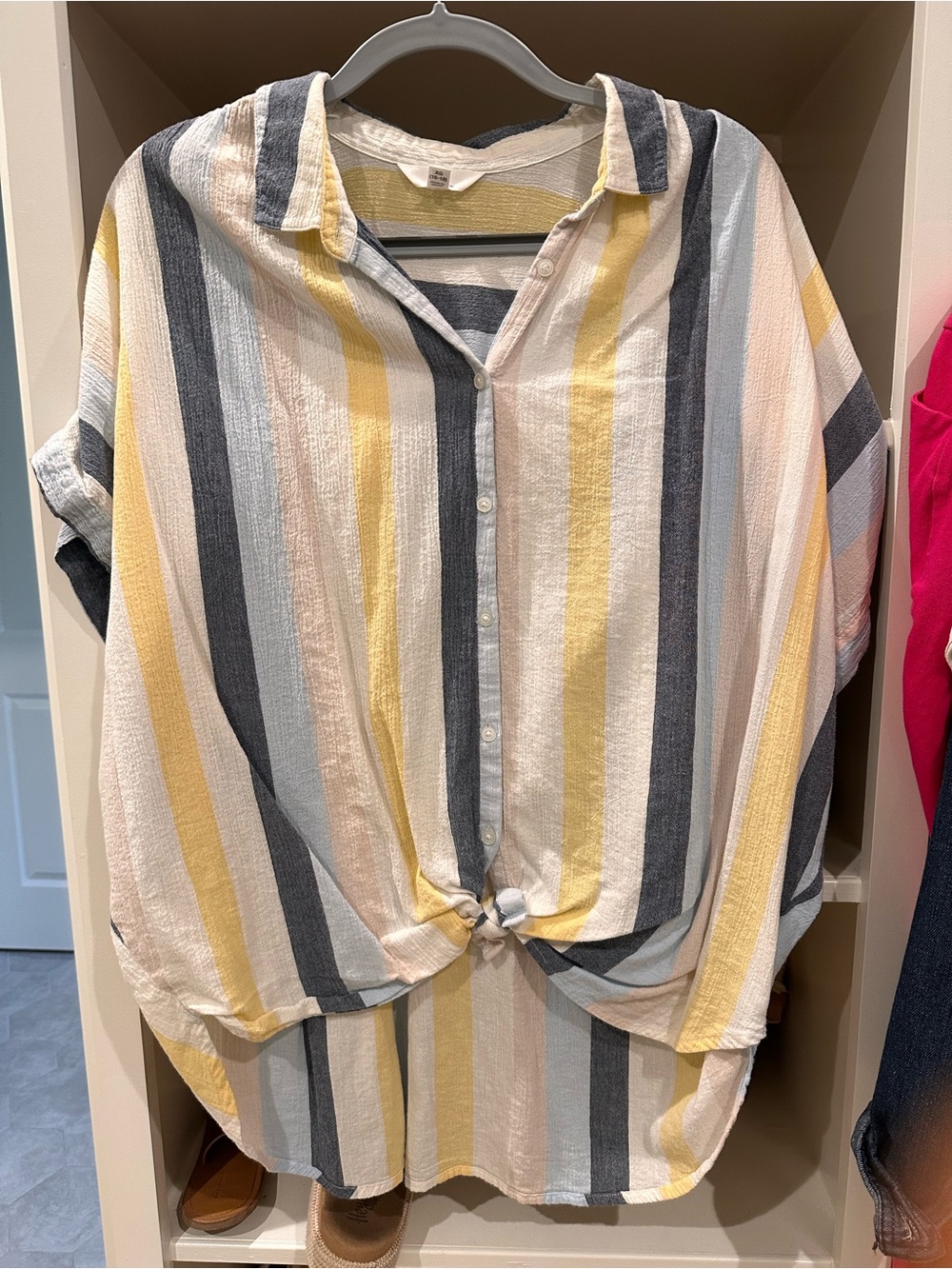 Time and Tru Yellow Multi-Stripe Button Front Tie-Hem Shirt